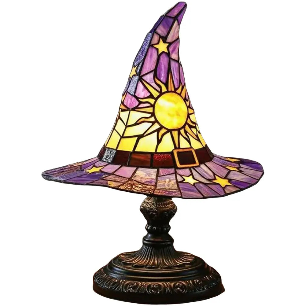 Stained Glass Witch Hat Lamp USB Powered Creative Table Lamp Bedside Lamp for Living Room Home Bedroom Decoration