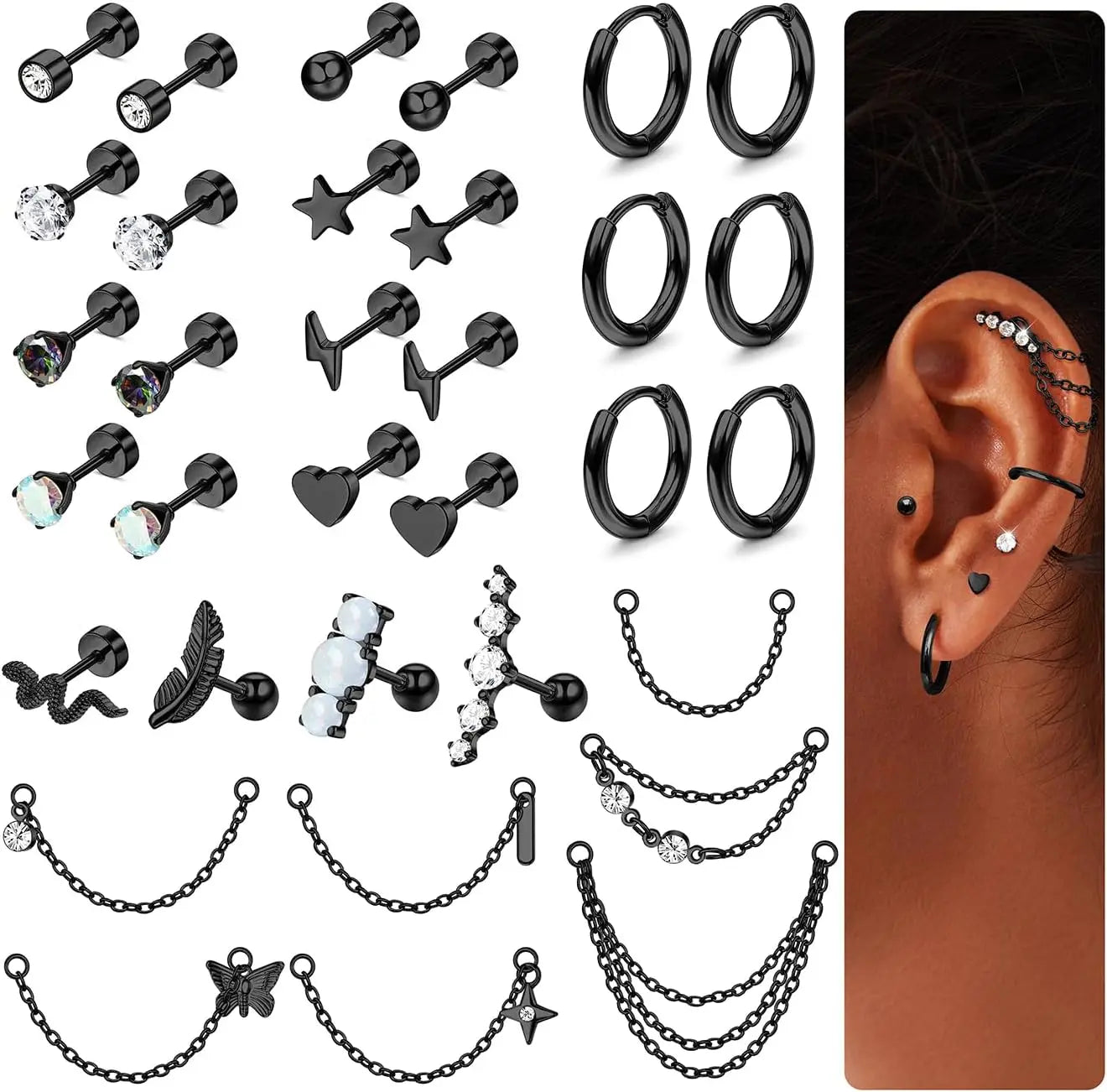 33Pcs 20G Cartilage Earrings Set for Women Men Surgical Steel Earrings CZ Flat Back Stud Earrings Hoop Helix Piercing Jewelry