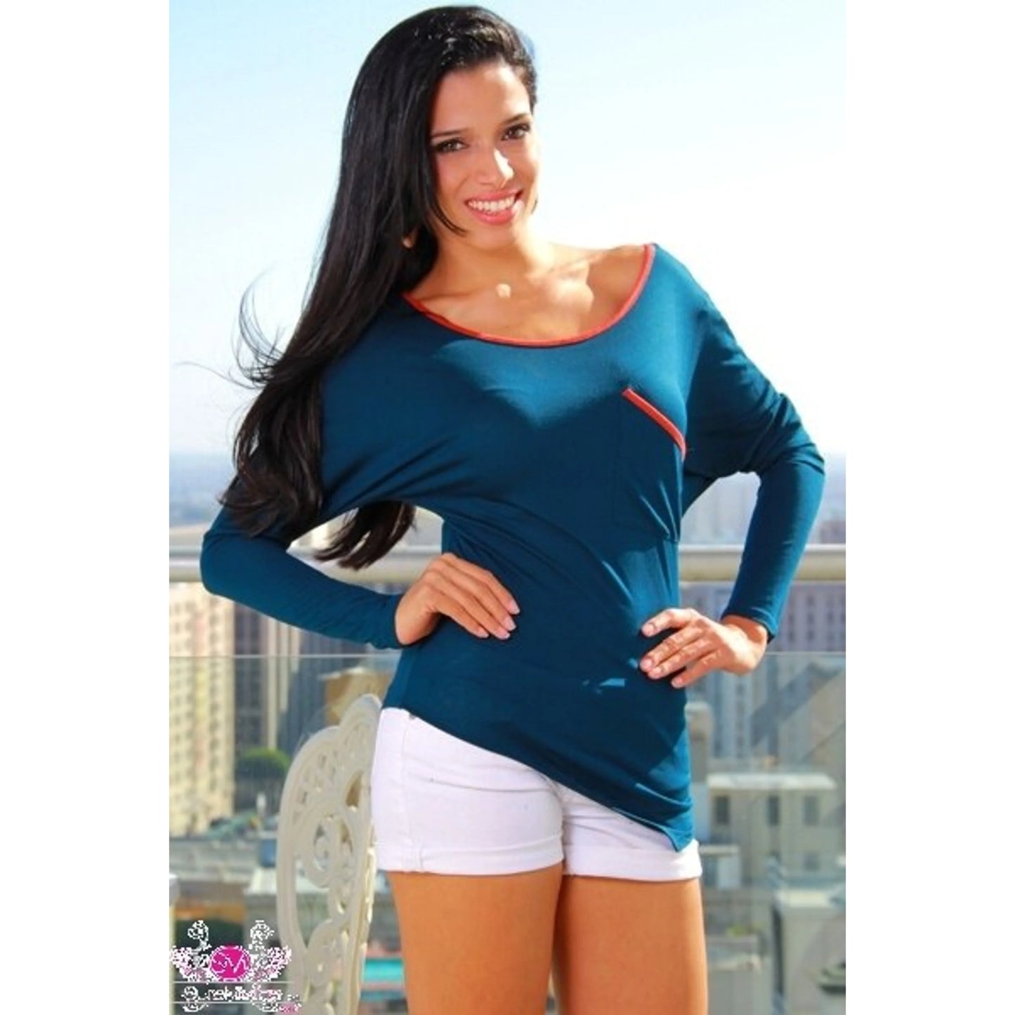 Women's Contrast Trim Bias Hem Wide Neck Tee with TD Style