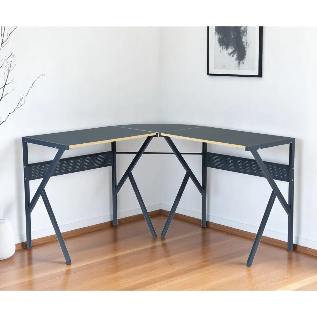 HMS 49\" H-Shape Black Wood and Metal Corner Computer Desk