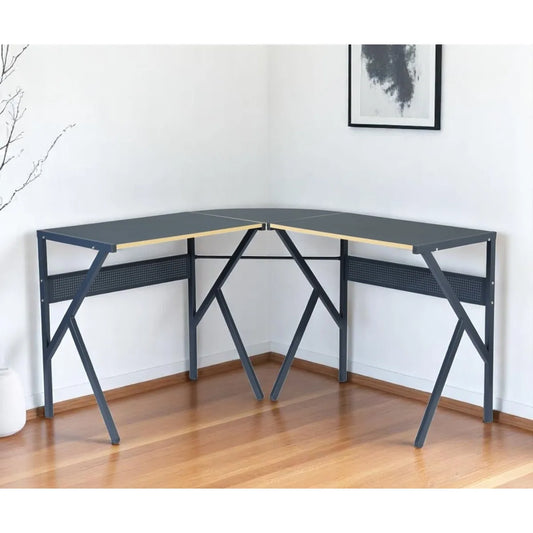 HMS 49\" H-Shape Black Wood and Metal Corner Computer Desk