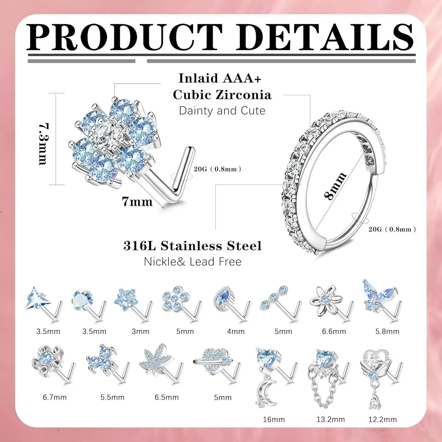 19PCS Stainless Steel Nose Ring L Shaped Nose Stud for Women Men Dangle CZ Butterfly Flower Nose Studs Piercing Jewelry Gift 20G