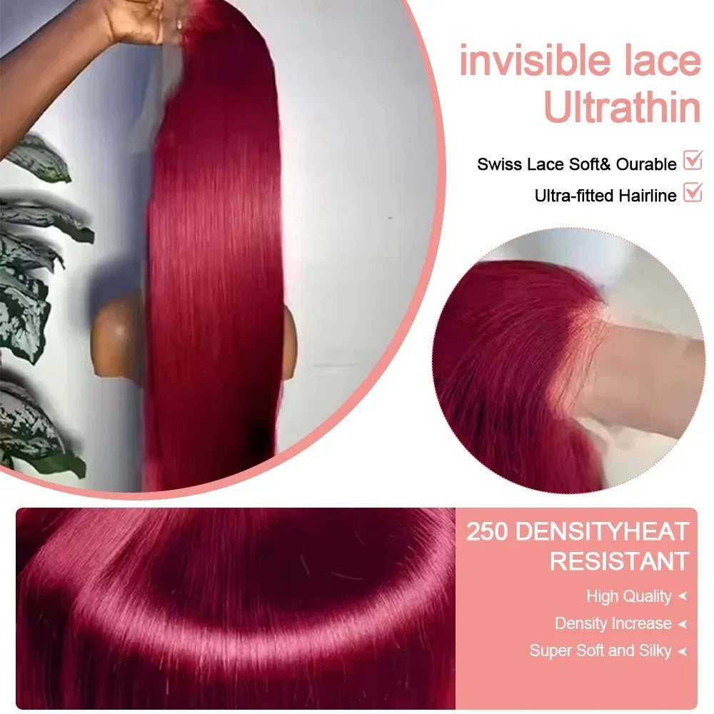 250 Density 99J Burgundy 13x6 Lace Frontal Human Hair Wigs Brazilian Colored 38 40 Inch Straight Red Lace Front Wigs Human Hair