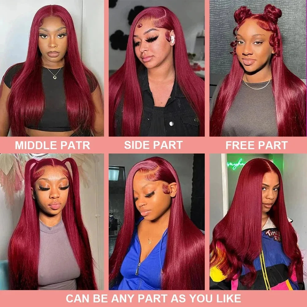 250 Density 99J Burgundy 13x6 Lace Frontal Human Hair Wigs Brazilian Colored 38 40 Inch Straight Red Lace Front Wigs Human Hair