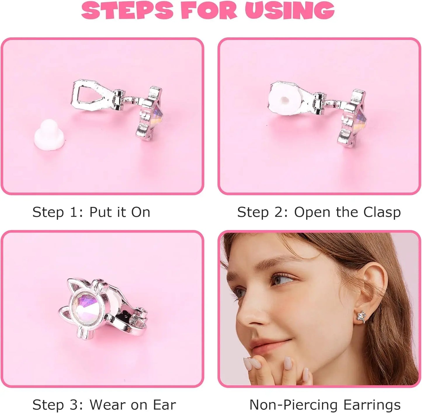 12Pairs Clip on Earrings Set for Women Fake Non Pierced Earrings Cute CZ Cat Pearl Star Heart Clip Earring Hypoallergenic Jewel