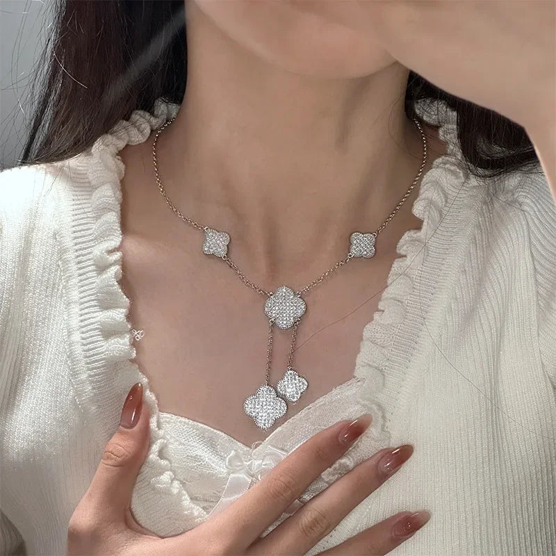 MDL Seiko light luxury full diamond four-leaf flower set long necklace super fairy tassel earrings small fragrant wind bracelet