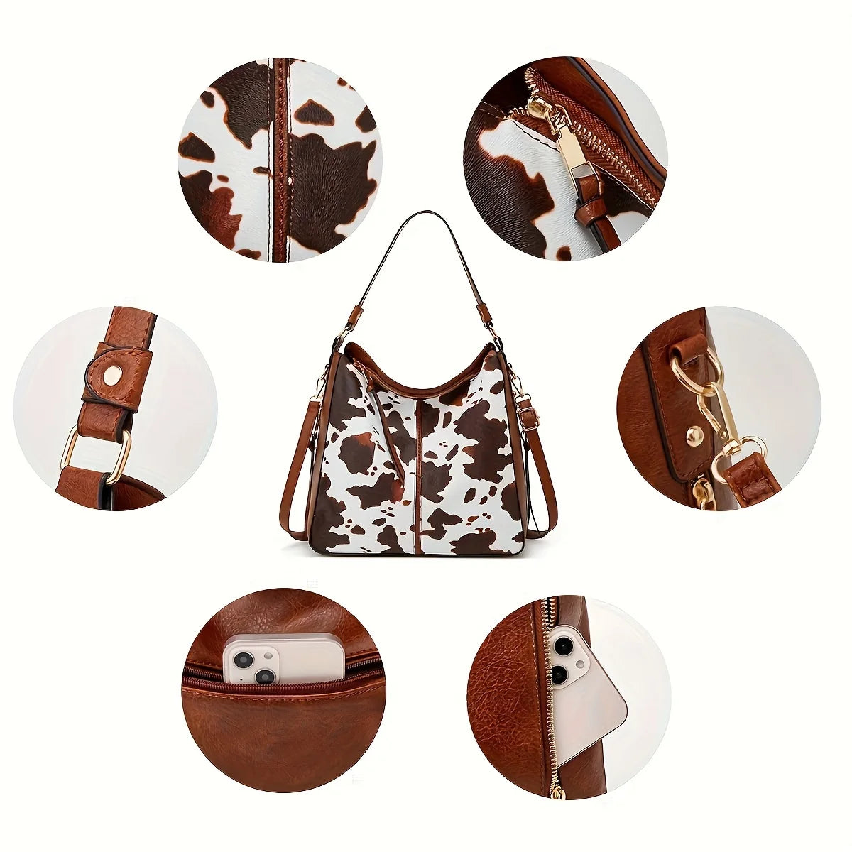 2PC Set Purses Tote Bag For Women, Handbags PU Leather Large Shoulder Bag,  Cow Pattern Work Bags With Multi-Pockets
