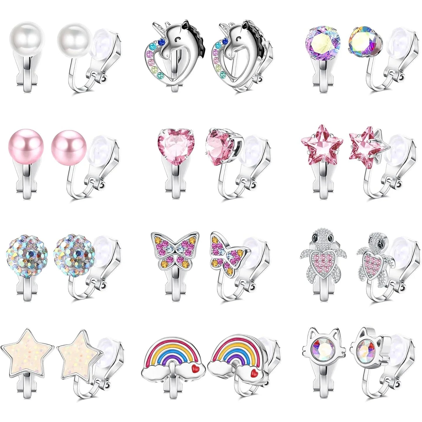 12Pairs Clip on Earrings Set for Women Fake Non Pierced Earrings Cute CZ Cat Pearl Star Heart Clip Earring Hypoallergenic Jewel