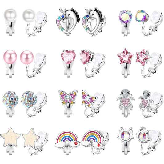 12Pairs Clip on Earrings Set for Women Fake Non Pierced Earrings Cute CZ Cat Pearl Star Heart Clip Earring Hypoallergenic Jewel