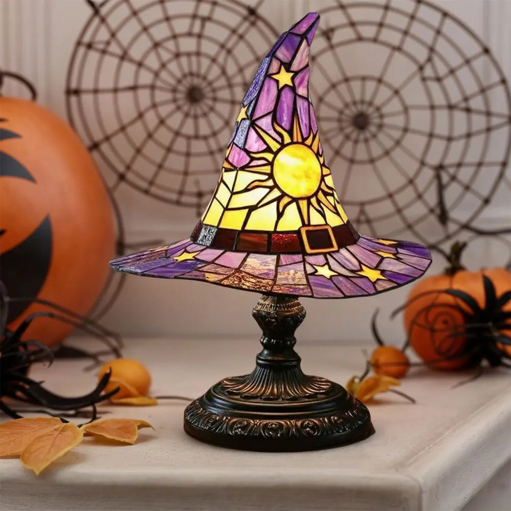 Stained Glass Witch Hat Lamp USB Powered Creative Table Lamp Bedside Lamp for Living Room Home Bedroom Decoration