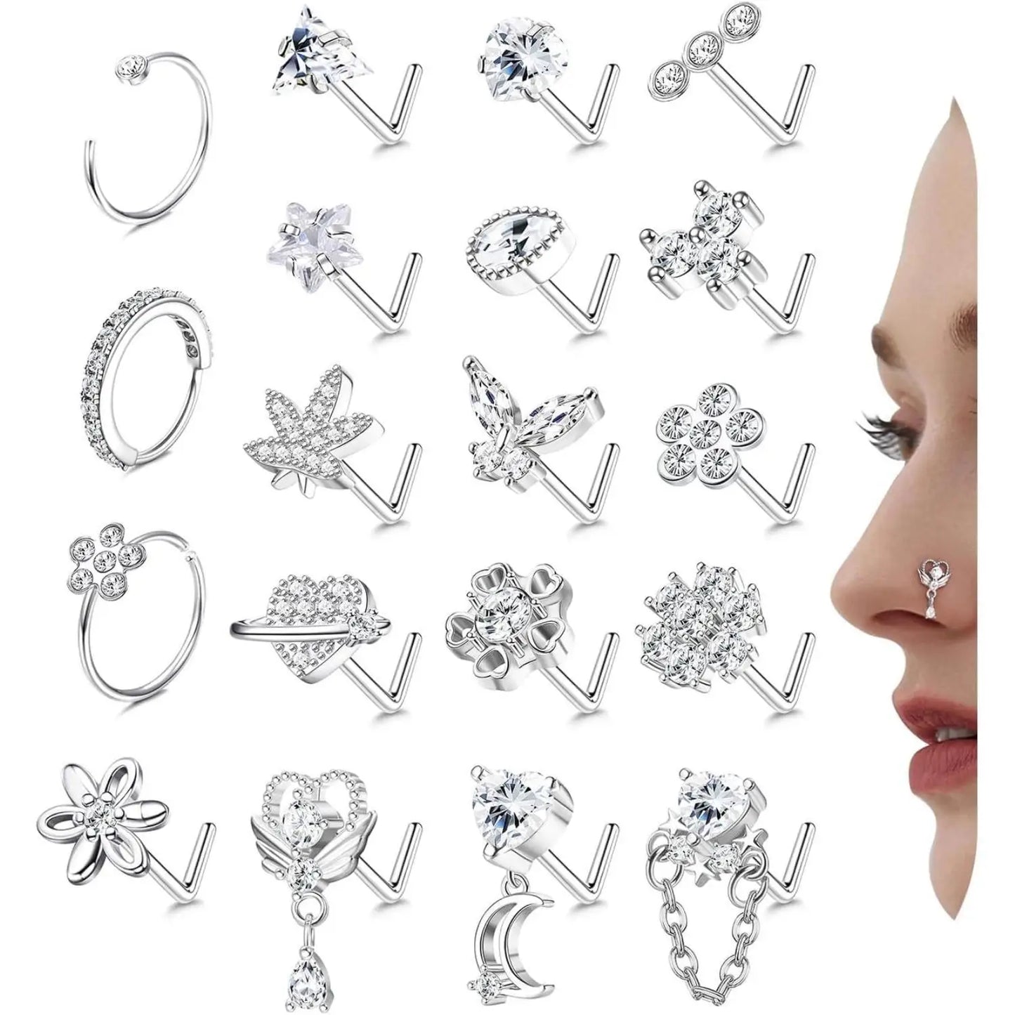 19PCS Stainless Steel Nose Ring L Shaped Nose Stud for Women Men Dangle CZ Butterfly Flower Nose Studs Piercing Jewelry Gift 20G