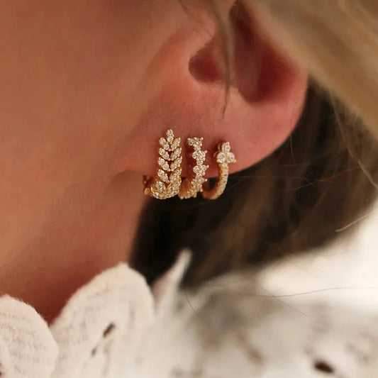 New Arrival Sparkling Crystal Zircon Wheat Hoop Earrings Stainless Steel Gold Color Huggies Piercing Earring Wedding Jewelry
