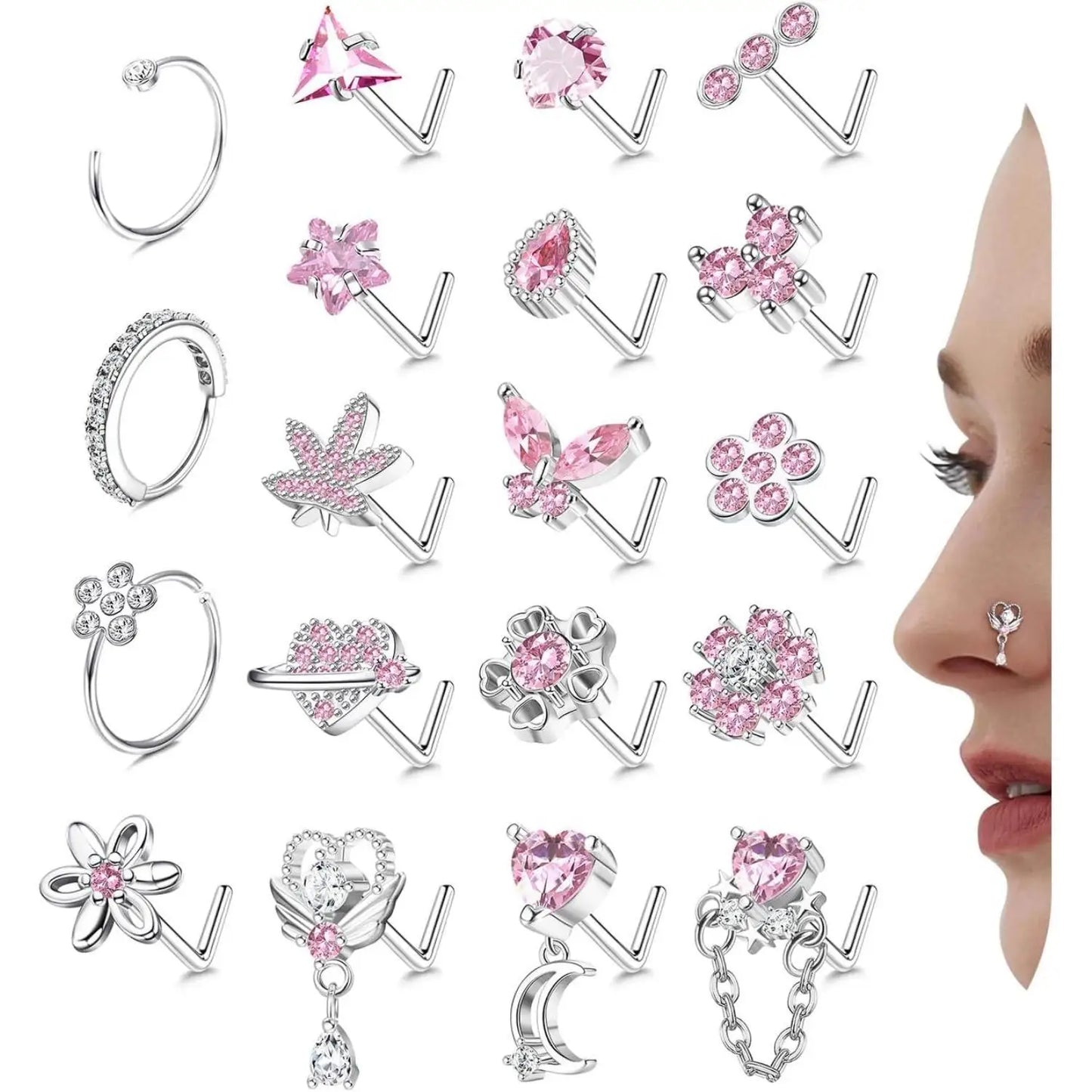 19PCS Stainless Steel Nose Ring L Shaped Nose Stud for Women Men Dangle CZ Butterfly Flower Nose Studs Piercing Jewelry Gift 20G