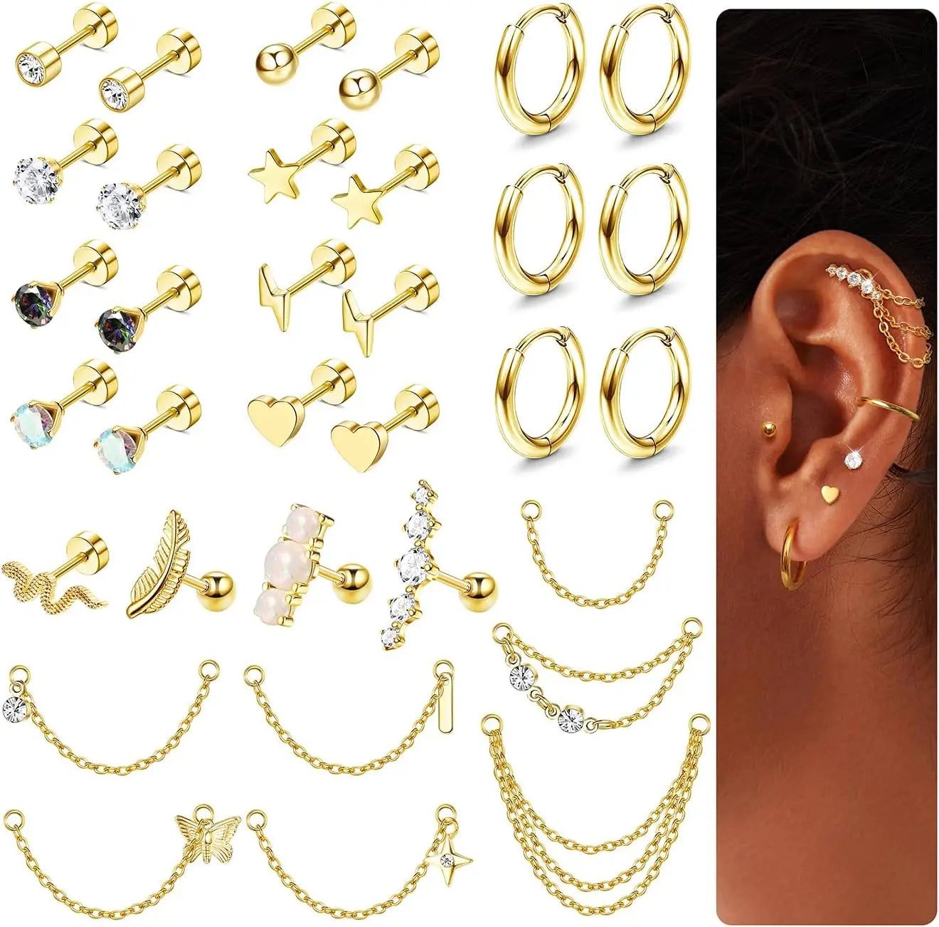 33Pcs 20G Cartilage Earrings Set for Women Men Surgical Steel Earrings CZ Flat Back Stud Earrings Hoop Helix Piercing Jewelry