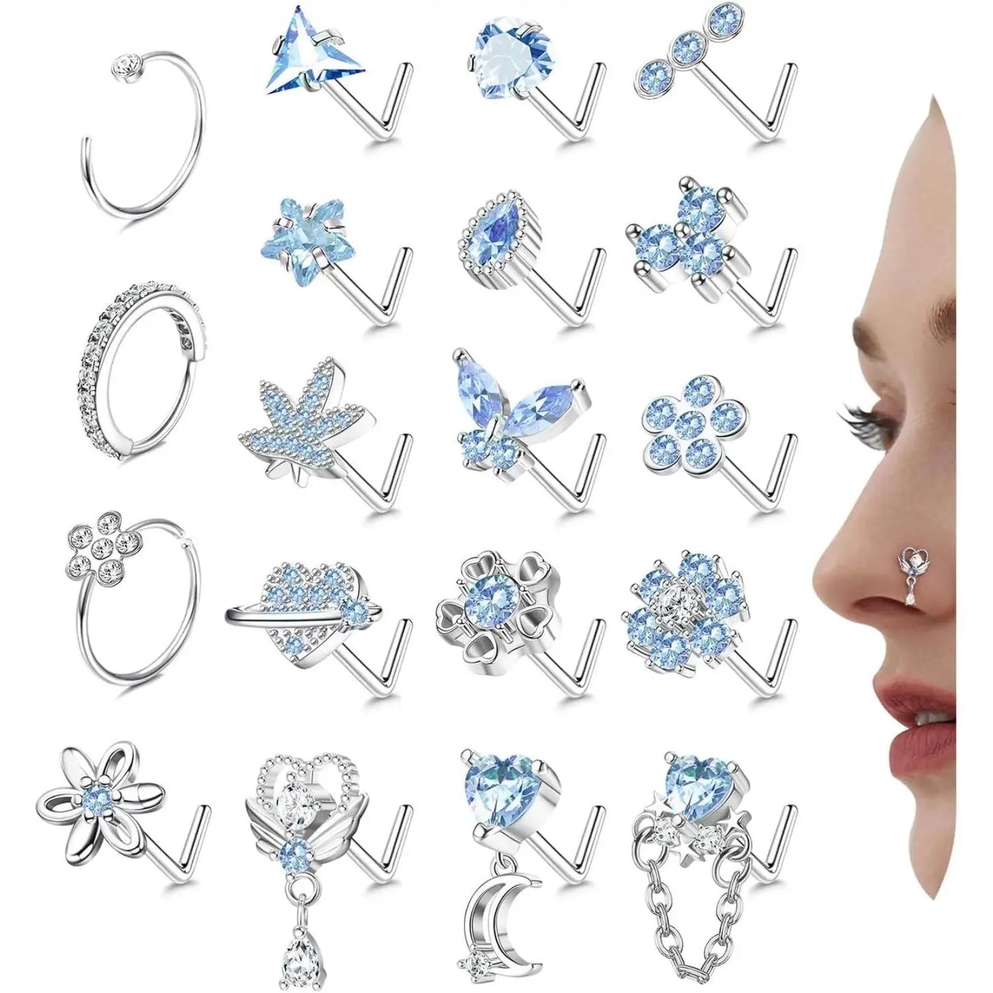 19PCS Stainless Steel Nose Ring L Shaped Nose Stud for Women Men Dangle CZ Butterfly Flower Nose Studs Piercing Jewelry Gift 20G