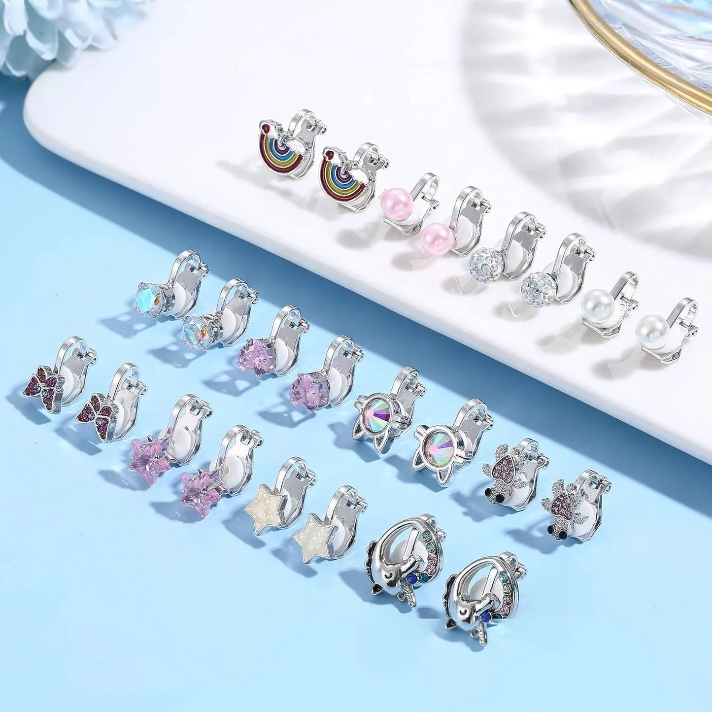12Pairs Clip on Earrings Set for Women Fake Non Pierced Earrings Cute CZ Cat Pearl Star Heart Clip Earring Hypoallergenic Jewel