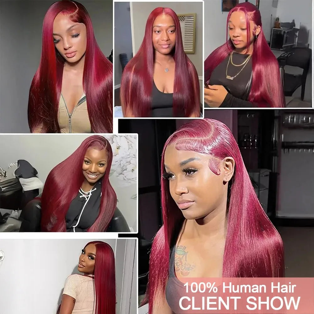 250 Density 99J Burgundy 13x6 Lace Frontal Human Hair Wigs Brazilian Colored 38 40 Inch Straight Red Lace Front Wigs Human Hair