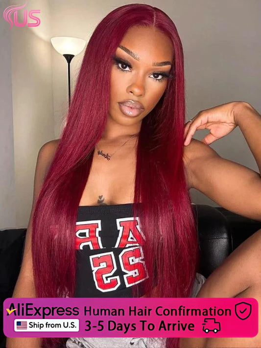 250 Density 99J Burgundy 13x6 Lace Frontal Human Hair Wigs Brazilian Colored 38 40 Inch Straight Red Lace Front Wigs Human Hair