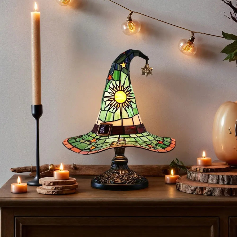 Stained Glass Witch Hat Lamp USB Powered Creative Table Lamp Bedside Lamp for Living Room Home Bedroom Decoration