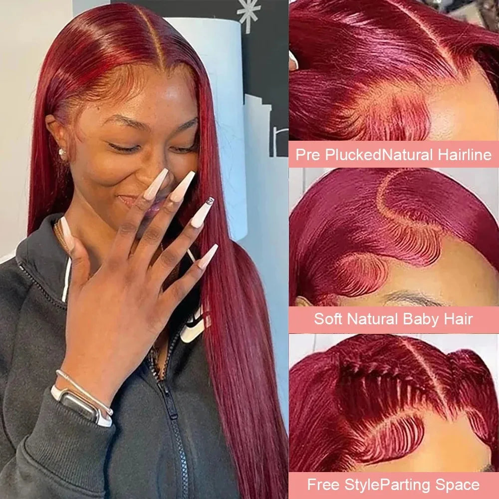 250 Density 99J Burgundy 13x6 Lace Frontal Human Hair Wigs Brazilian Colored 38 40 Inch Straight Red Lace Front Wigs Human Hair