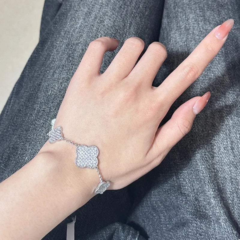 MDL Seiko light luxury full diamond four-leaf flower set long necklace super fairy tassel earrings small fragrant wind bracelet