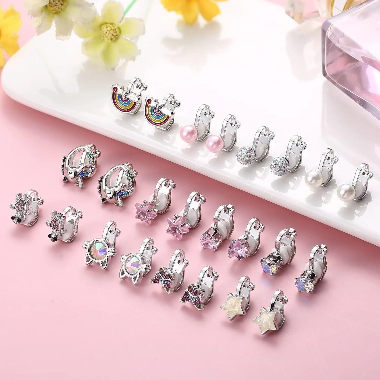 12Pairs Clip on Earrings Set for Women Fake Non Pierced Earrings Cute CZ Cat Pearl Star Heart Clip Earring Hypoallergenic Jewel