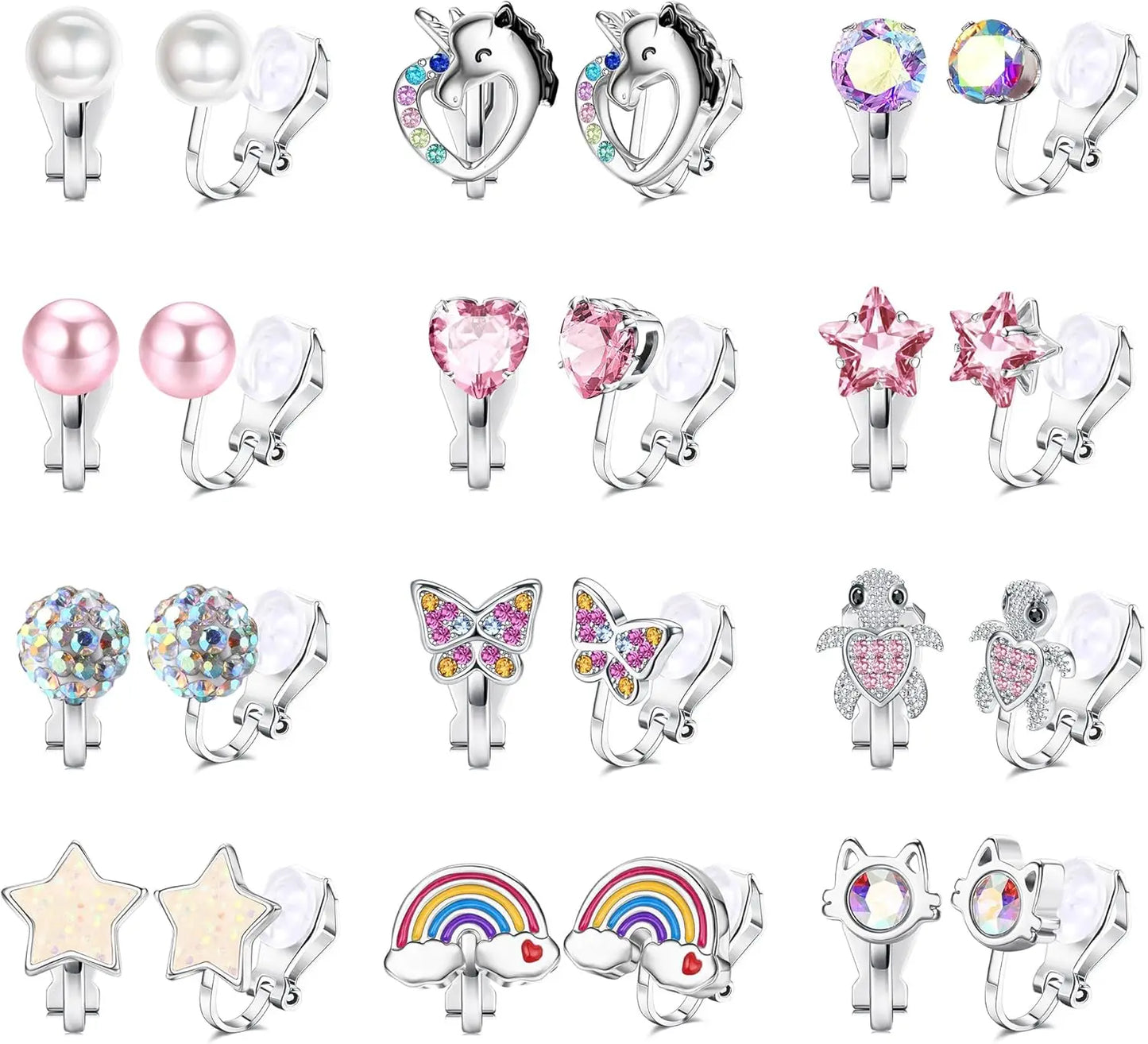 12Pairs Clip on Earrings Set for Women Fake Non Pierced Earrings Cute CZ Cat Pearl Star Heart Clip Earring Hypoallergenic Jewel