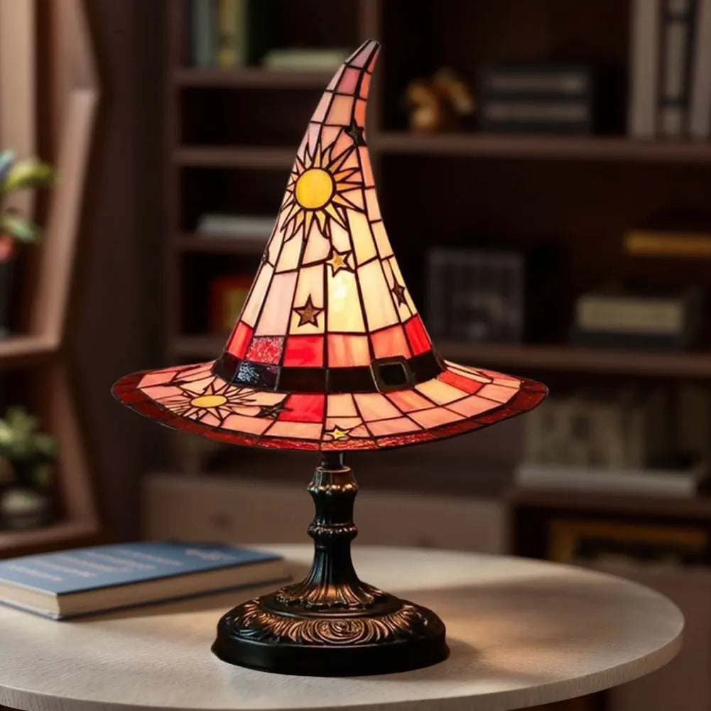 Stained Glass Witch Hat Lamp USB Powered Creative Table Lamp Bedside Lamp for Living Room Home Bedroom Decoration