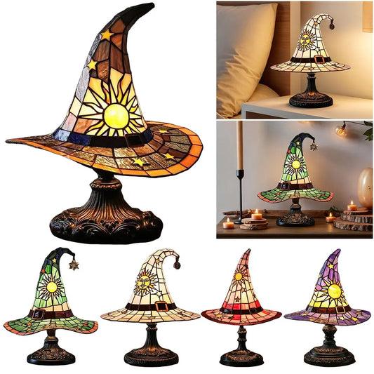 Stained Glass Witch Hat Lamp USB Powered Creative Table Lamp Bedside Lamp for Living Room Home Bedroom Decoration