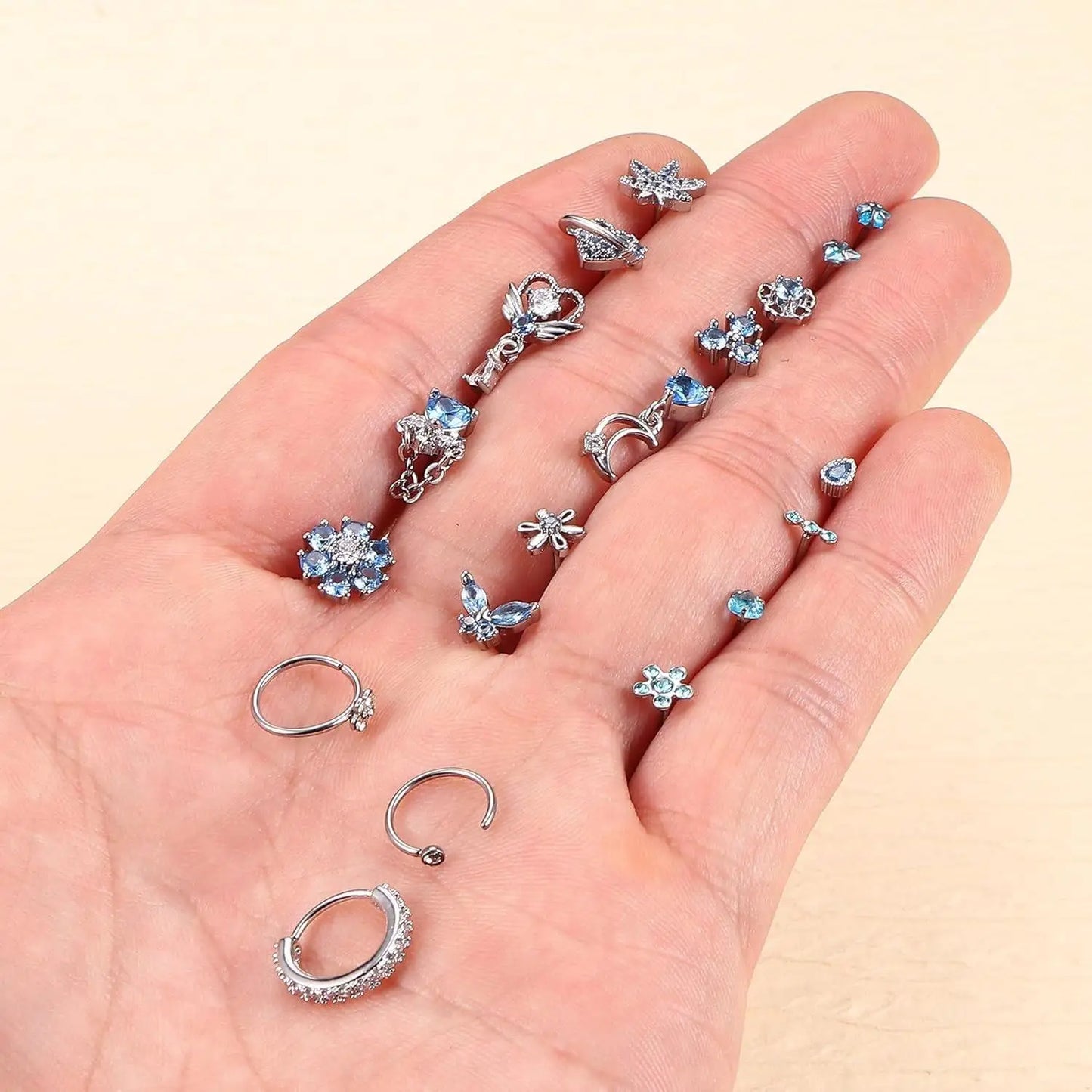 19PCS Stainless Steel Nose Ring L Shaped Nose Stud for Women Men Dangle CZ Butterfly Flower Nose Studs Piercing Jewelry Gift 20G
