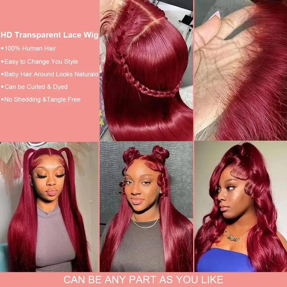 250 Density 99J Burgundy 13x6 Lace Frontal Human Hair Wigs Brazilian Colored 38 40 Inch Straight Red Lace Front Wigs Human Hair