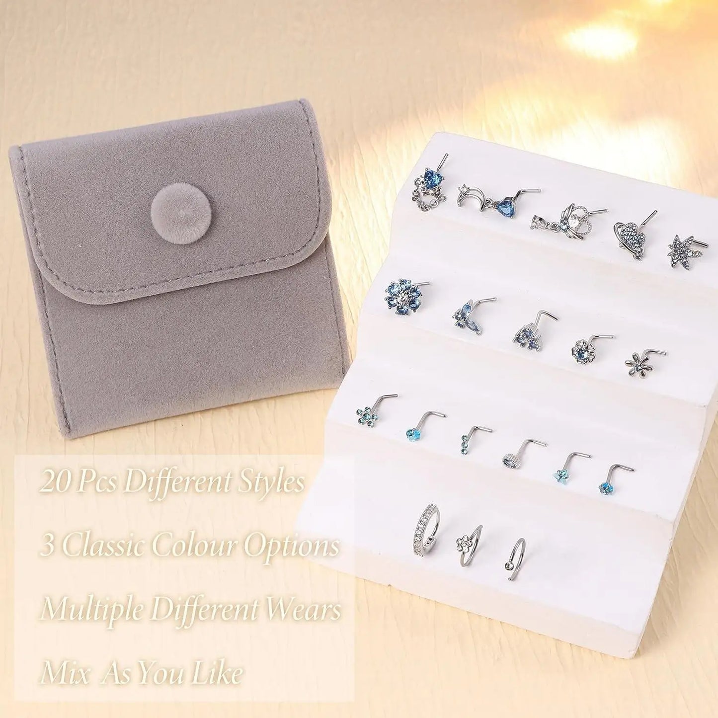 19PCS Stainless Steel Nose Ring L Shaped Nose Stud for Women Men Dangle CZ Butterfly Flower Nose Studs Piercing Jewelry Gift 20G